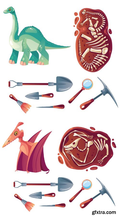Dinosaur excavation archaeology paleontology tools isolated set flat graphic design element