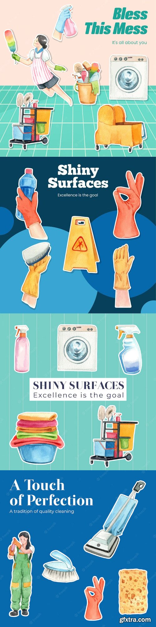 Sticker templates with cleaning service concept watercolor style