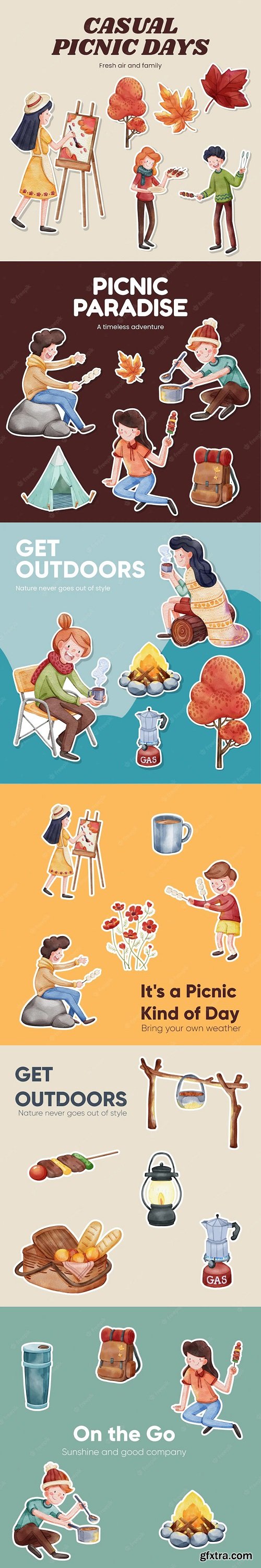 Sticker template with autumn camping picnic concept watercolor style