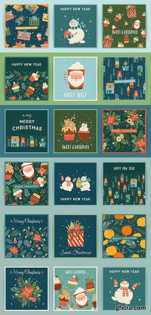 Set of christmas and happy new year cards cute bright illustrations witn new year symbols vector design