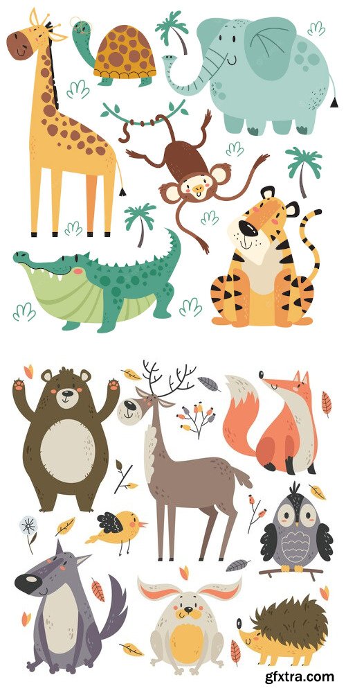 Forest wood animal design element flat cartoon isolated set collection