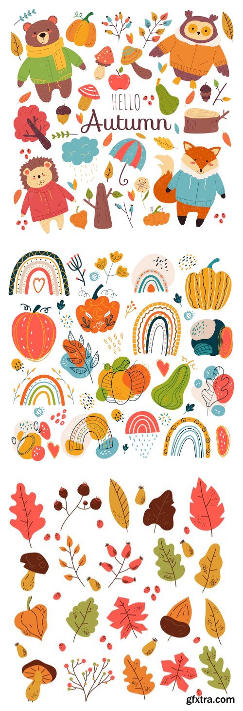 Autumn hand drawn doodle modern style design element isolated set