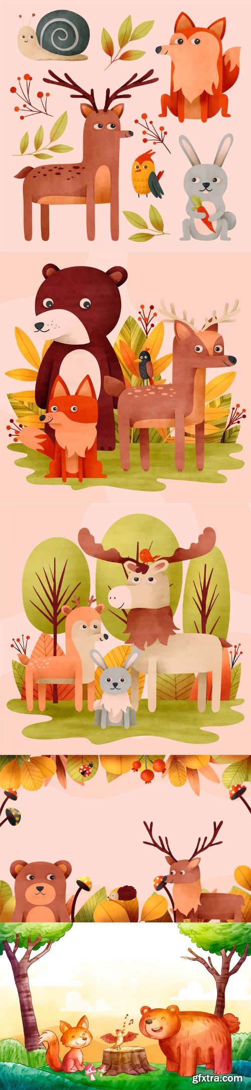 Watercolor forest animals element set