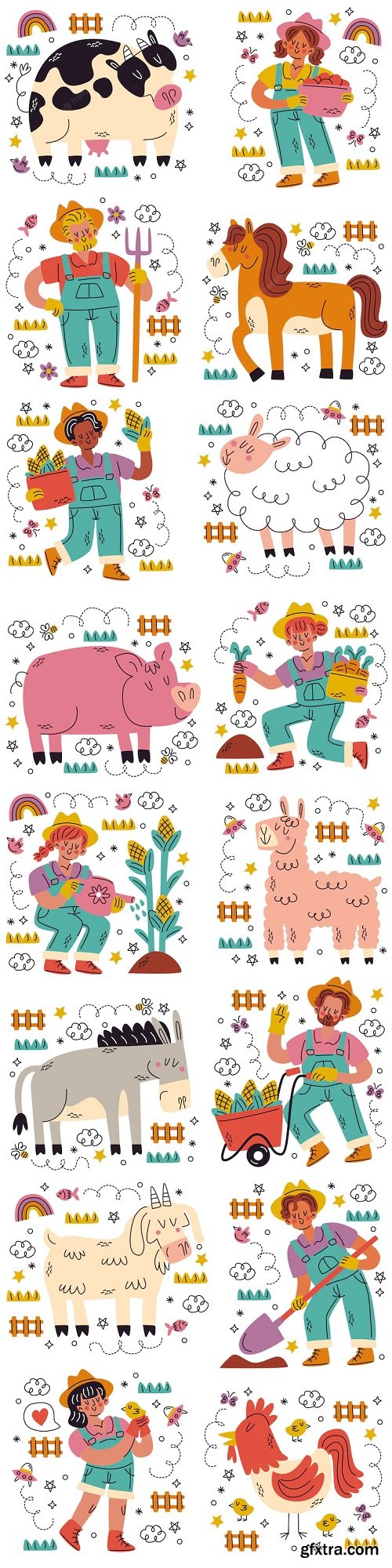 Doodle hand drawn farm sticker set