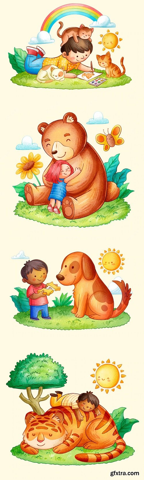 Hand drawn children with animals illustration