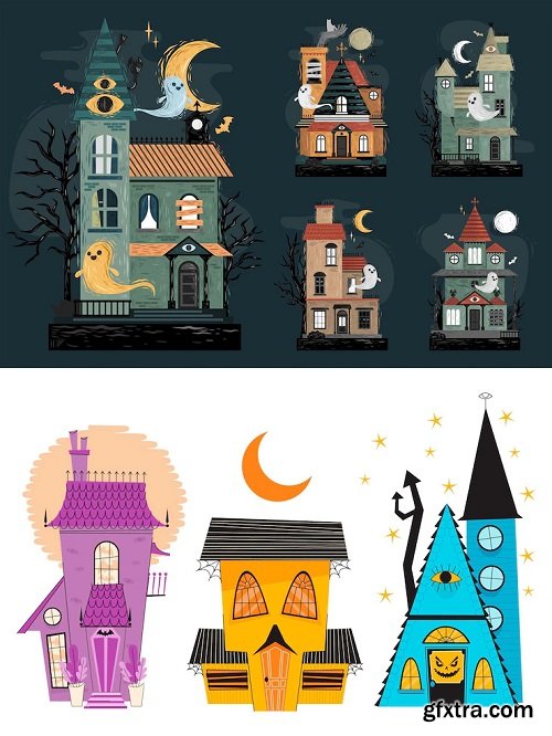 Hand drawn halloween haunted houses collection