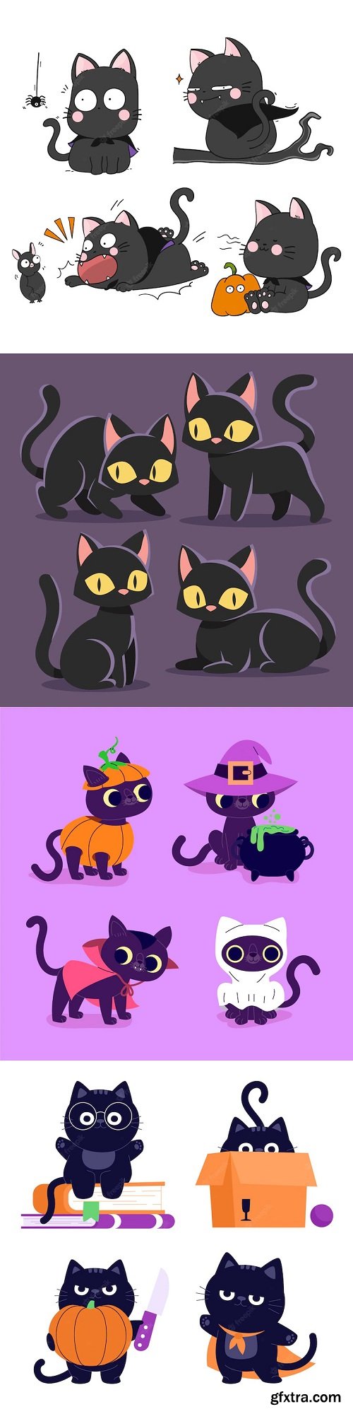 Hand drawn halloween black cats collection