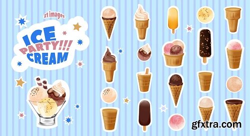 Ice cream realistic composition with set of various candy buckets sticks and balls with star icons vector illustration