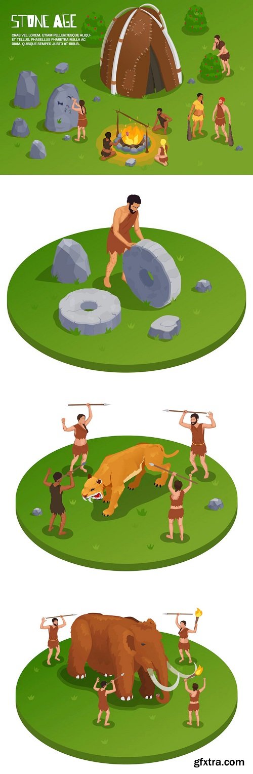 Caveman prehistoric primitive people isometric illustration