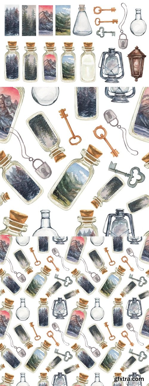 Keys lock glass jars retro items gas lantern scenery forest