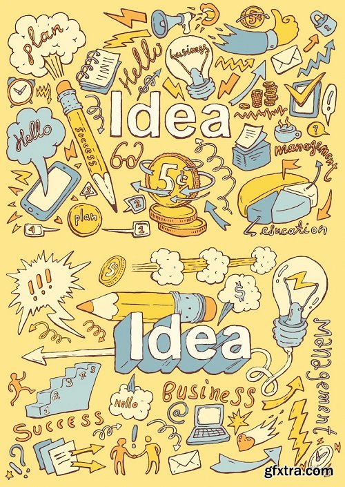 Business idea doodles icons set, sketch. vector illustration, hand drawn background.