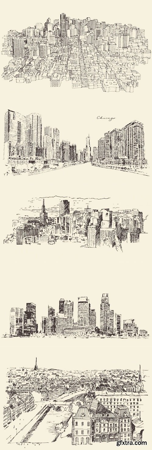 Big city, architecture, engraving vector illustration