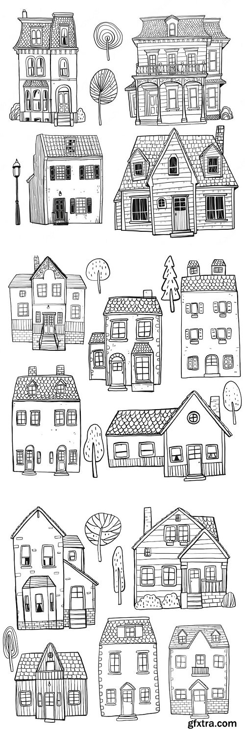 Set of hand drawn buildings