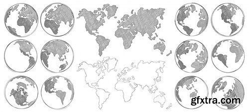 Sketch map. hand drawn earth globe, drawing world maps and globes sketches isolated