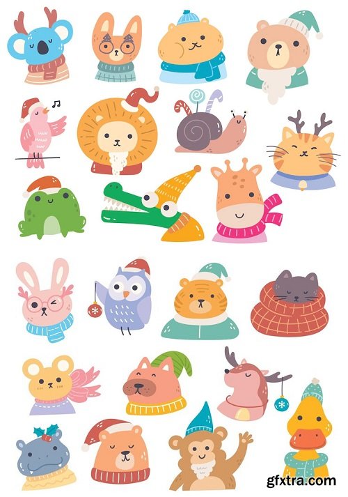 Set of set of cartoon christmas animal vector clip art