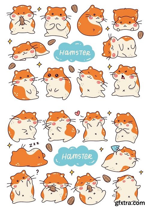 Kawaii hamster cartoon doodle set