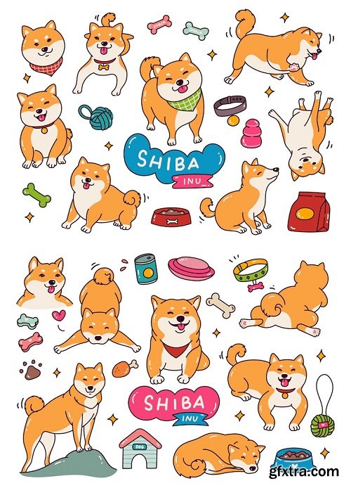 Cute shiba inu dog in doodle style illustration