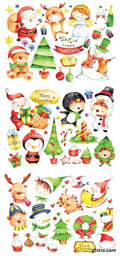 Set of christmas cartoon character in water color