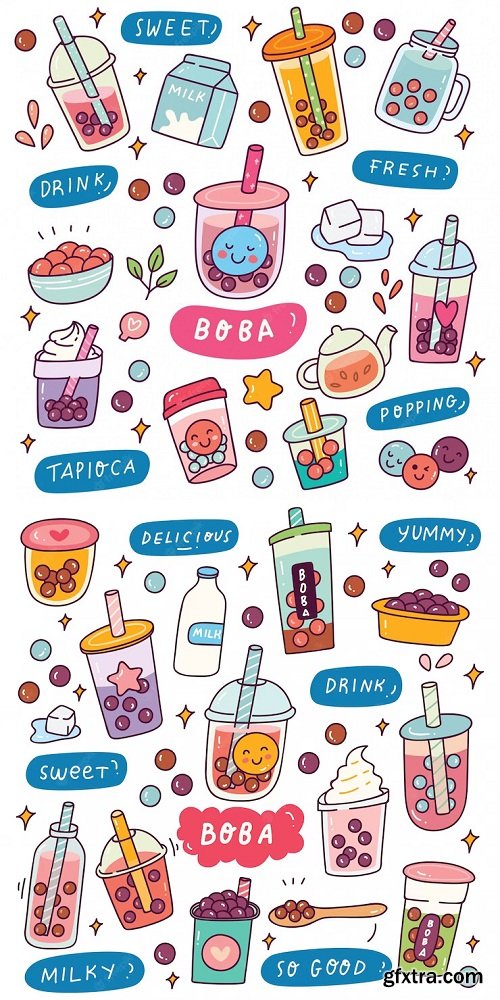 Set of cute boba drink illustration