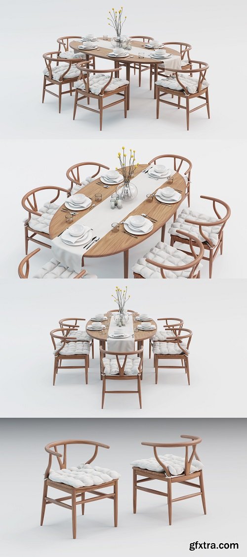 CGTrader - Wooden Dining Table and Chairs Set Low-poly 3D model