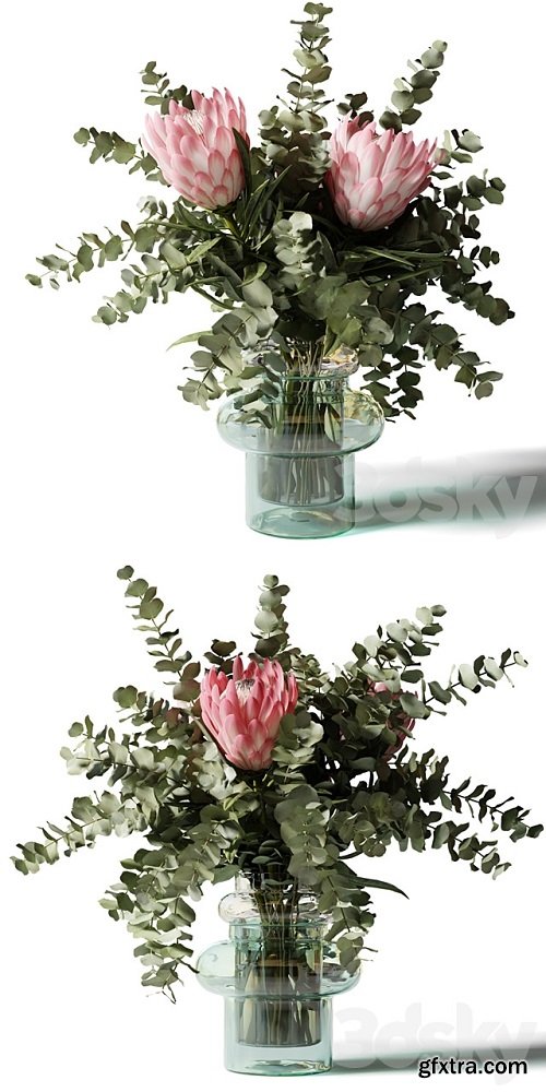 Bouquet with three pink proteas and eucalyptus in a glass vase