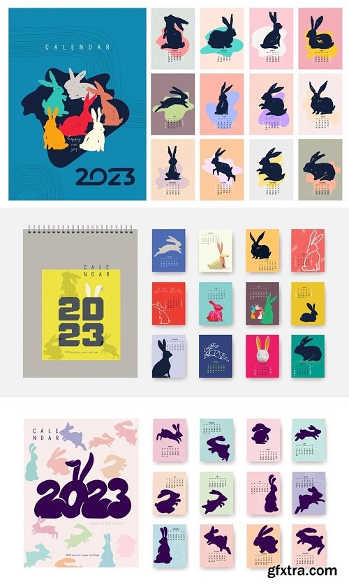 Calendar 2023 with various rabbits planner organizer colored covers and 12 month pages bunny in different styles