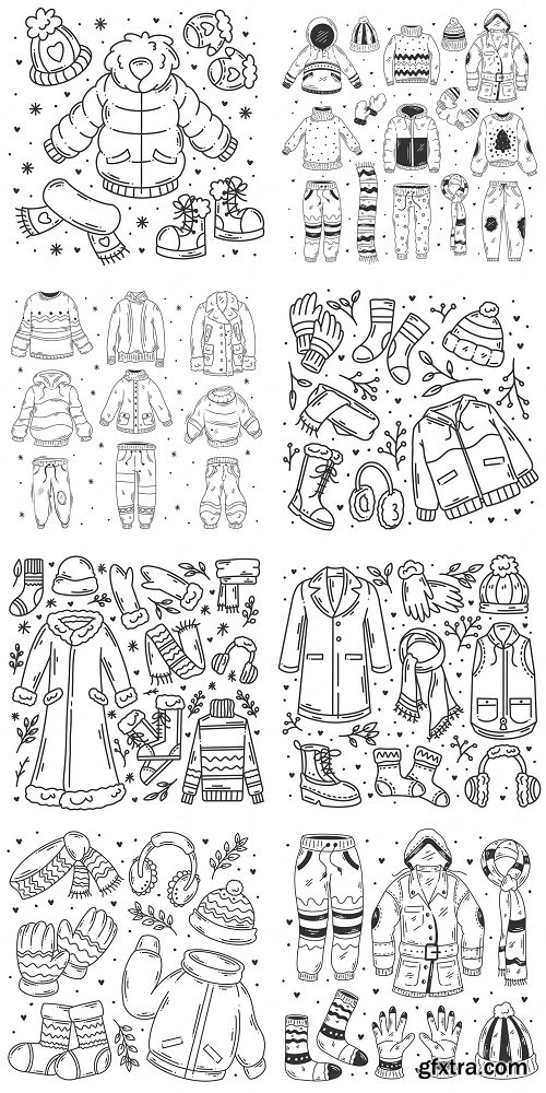 Hand drawn winter clothes & doodles vector illustrations