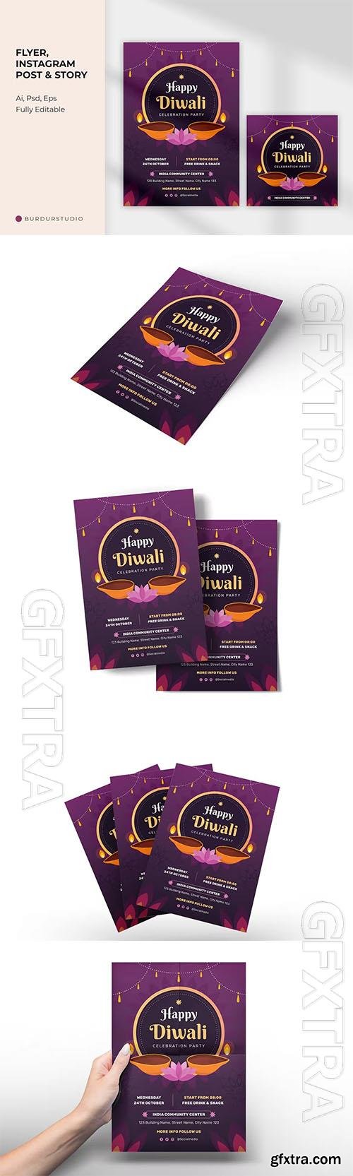 Happy Diwali Celebration Party Flyer and Instagram PSD