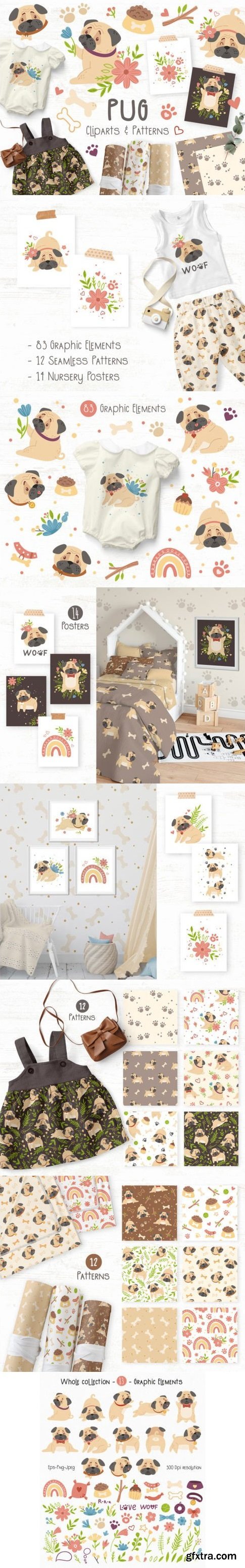 Pug Clip Art, Posters & Patterns Bundle