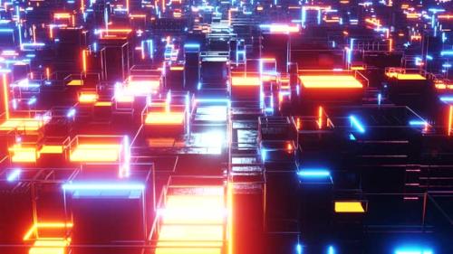 Videohive - Huge abstract digital city with orange and blue lights. Infinitely looped animation - 40738723 - 40738723