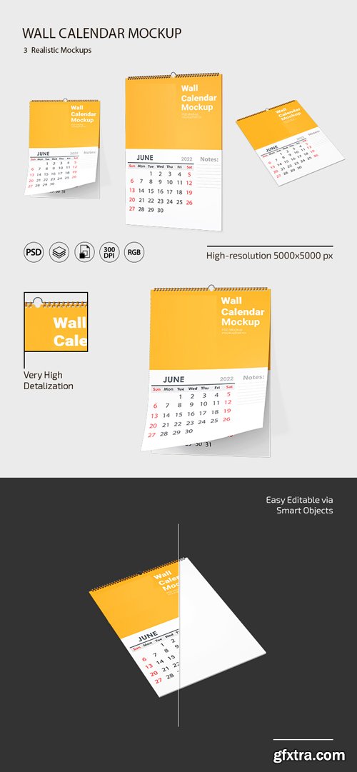 Realistic Wall Calendar PSD Mockup Templates - 3 Scenes