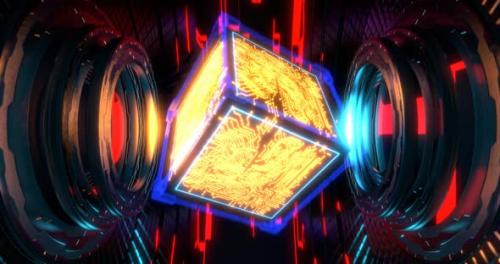 Videohive - Rotating neon cyber cube in futuristic interior with circuit board pattern, looped background. Micro - 40729048 - 40729048