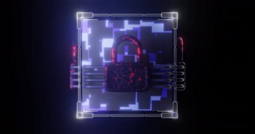 Videohive - Rotating neon cyber cube with a lock and connected cables. Kuber safety concept. 3d render. - 40729050 - 40729050