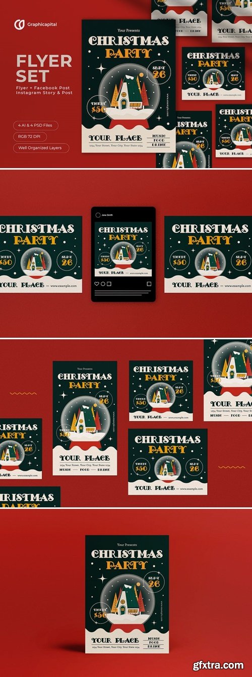 Green Flat Design Christmas Party Flyer Set 3L85W4A