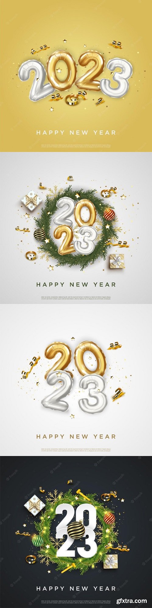 Happy new year 2023. festive realistic decoration on square background