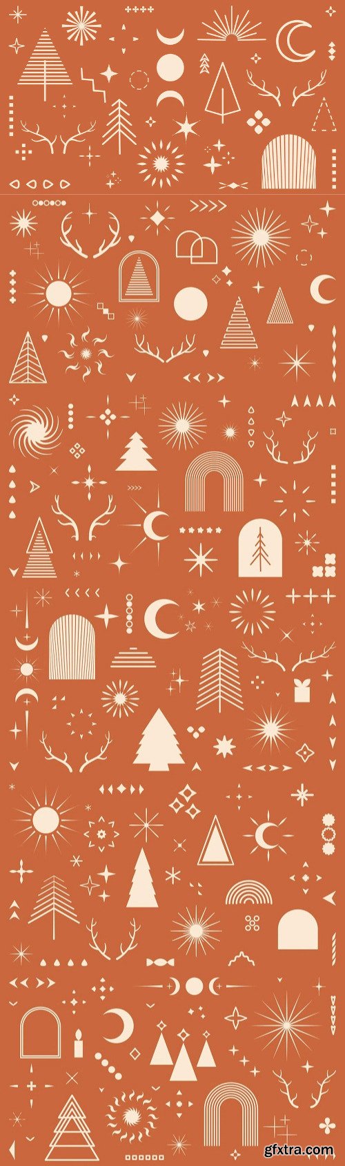 Vector set of boho linear christmas elements in modern minimalist style for social media posts.