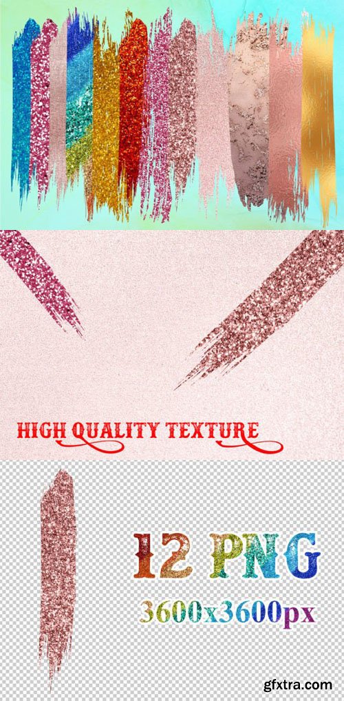 Sparkling Glitter & Foil Textures - 12 Brush Strokes PNG Clipart