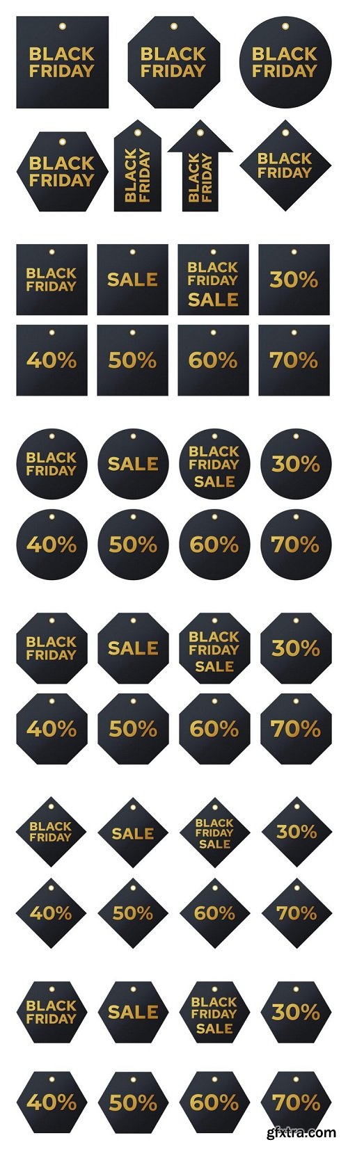 Black friday sales labels discount tags golden letters on a dark background collection vector set