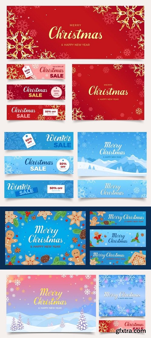 Set of merry christmas and happy new year vector cards and sale banners