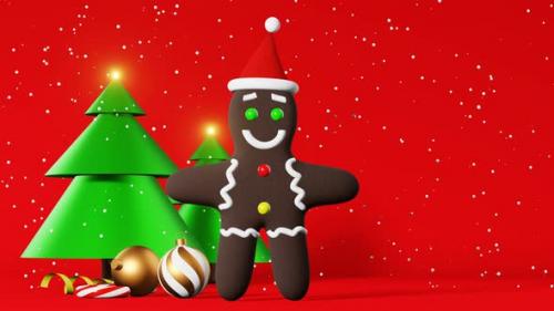 Videohive - Christmas cookie Gingerbread man Santa hat 3d animation red background falling snow Xmas party 4K - 40728549 - 40728549