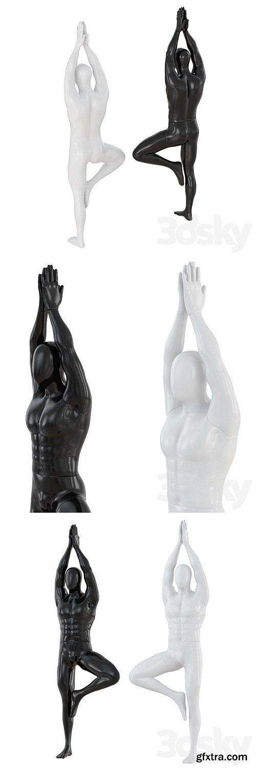 Male abstract mannequin stands in yoga pose 109