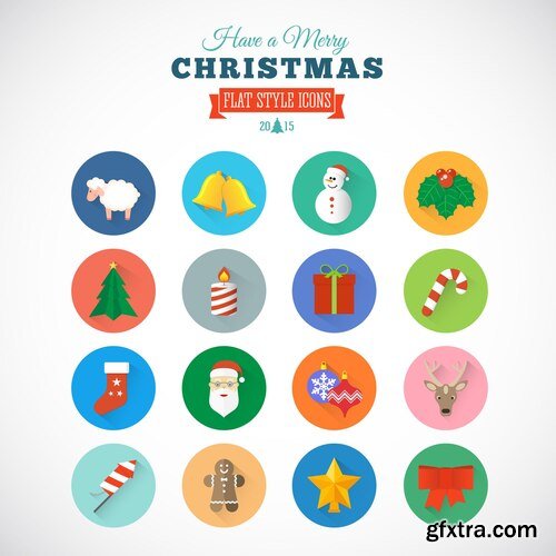 Flat style christmas vector icon set with gift box santa candle cane sheep sock bells and snowman