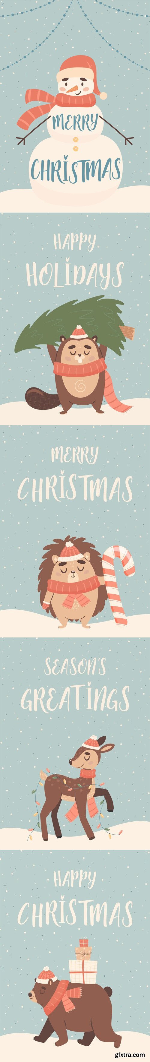 Happy christmas greeting card with cute cartoon characters