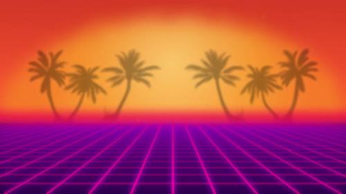 Videohive - Retro videogame 4K background. Sunset backdrop. Orange and purple retrowave layout with palm tree an - 40938313 - 40938313