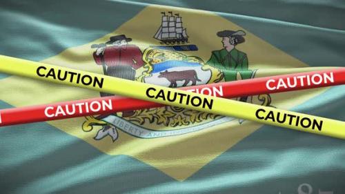 Videohive - Delaware state flag waving background with yellow caution tape animation - 40938687 - 40938687