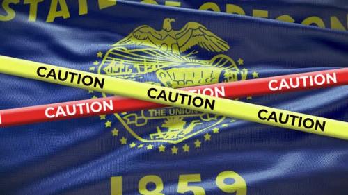 Videohive - Oregon state flag waving background with yellow caution tape animation - 40938809 - 40938809