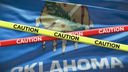 Videohive - Oklahoma state flag waving background with yellow caution tape animation - 40938817 - 40938817