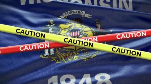 Videohive - Wisconsin state flag waving background with yellow caution tape animation - 40938819 - 40938819