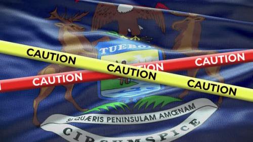 Videohive - Michigan state flag waving background with yellow caution tape animation - 40943087 - 40943087