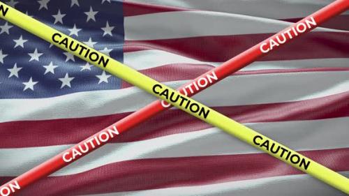 Videohive - USA United States of America national flag with caution tape animation. Social issue in country, new - 40943273 - 40943273